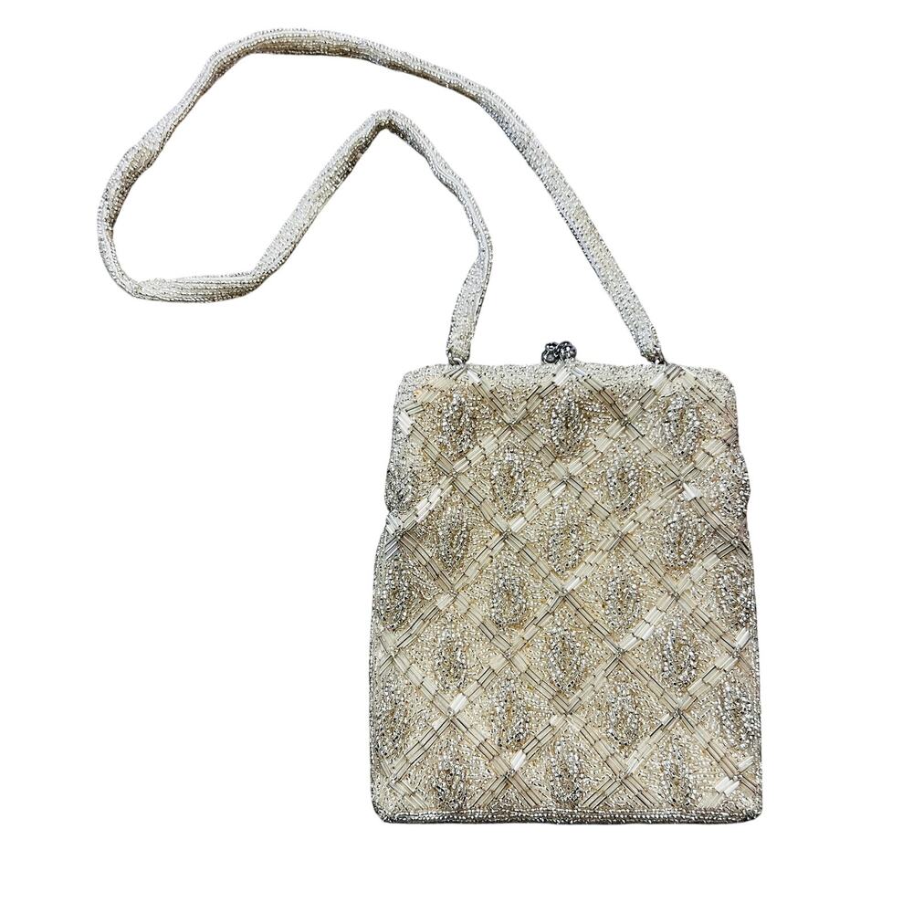 Vintage Antique Handmade Cream Small Beaded Shoulder Handbag